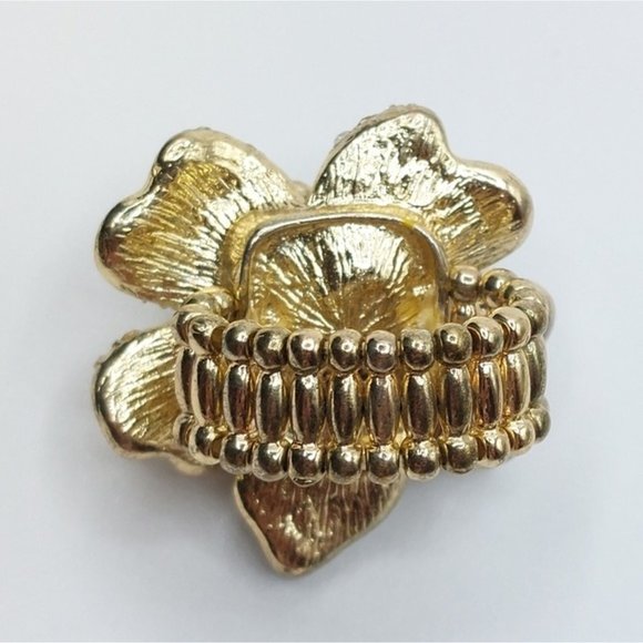 Rhinestone Embellished Enameled 3D  Flower Statement Chunky Stretch Ring - Picture 6 of 6
